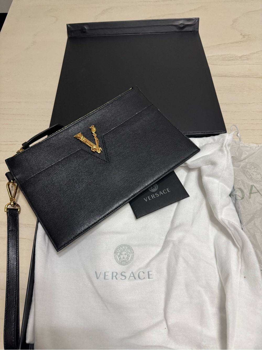 Versace Black Leather V-Emblem Zip Card Holder with Gold Hardware
